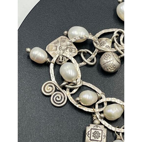 Artisan Sterling Silver White Freshwater Pearl Ladybug Link Charm Bracelet - Picture 5 of 13